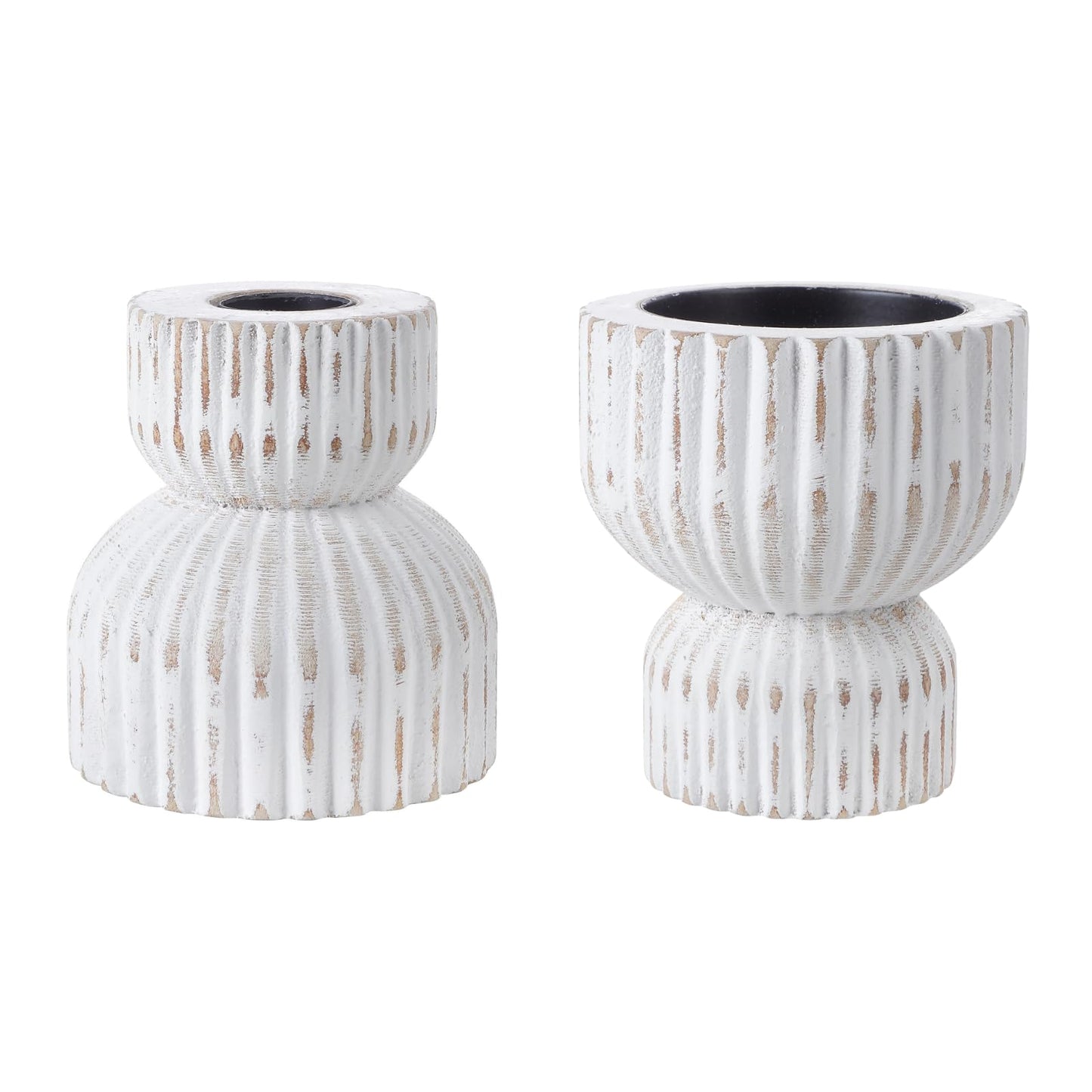 TRENDIN Reversible Rustic Pillar Candle Holders Set of 2, Distressed White Wood Candle Stand Set for Table, Fluted Farmhouse Wooden Candlestick Holders for Fireplace Mantel, Dining Room Decor