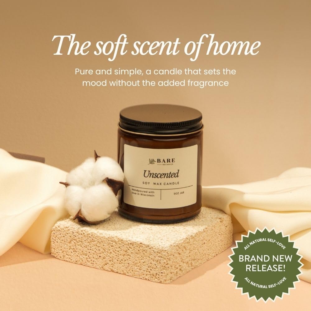 Bare Botanics Non-Toxic Unscented 9oz Soy Candle - 100% Plant-Based Fragrance Oils - Handpoured in WI - 40+ Hrs