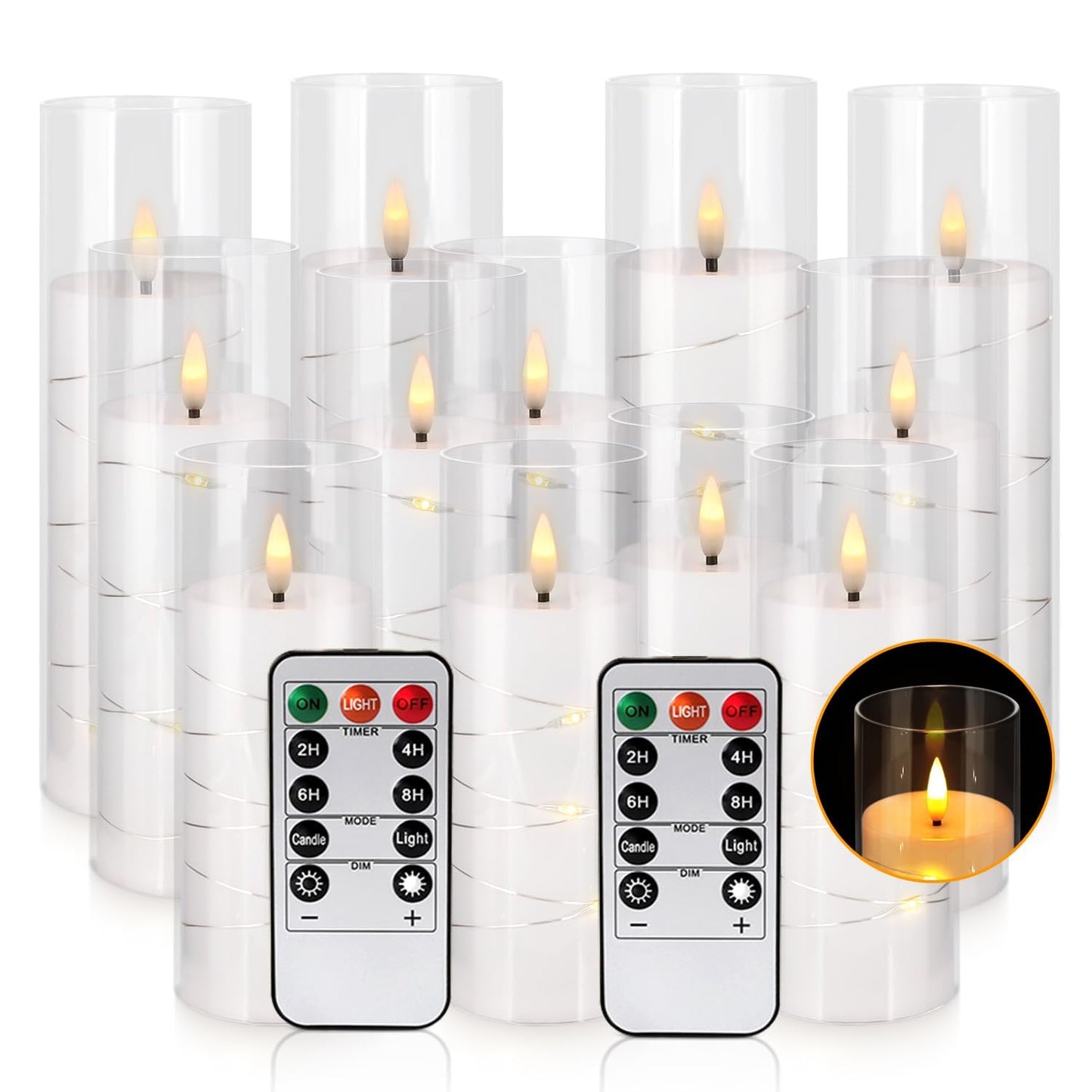 12 Pack Acrylic Flameless Candles,with Embedded Star String, Battery Operated Candles Flickering LED Pillar Candles with Remote Control and Timer, Ideal for Indoor/Outdoor Decor,Wedding,BBQ and Gift.