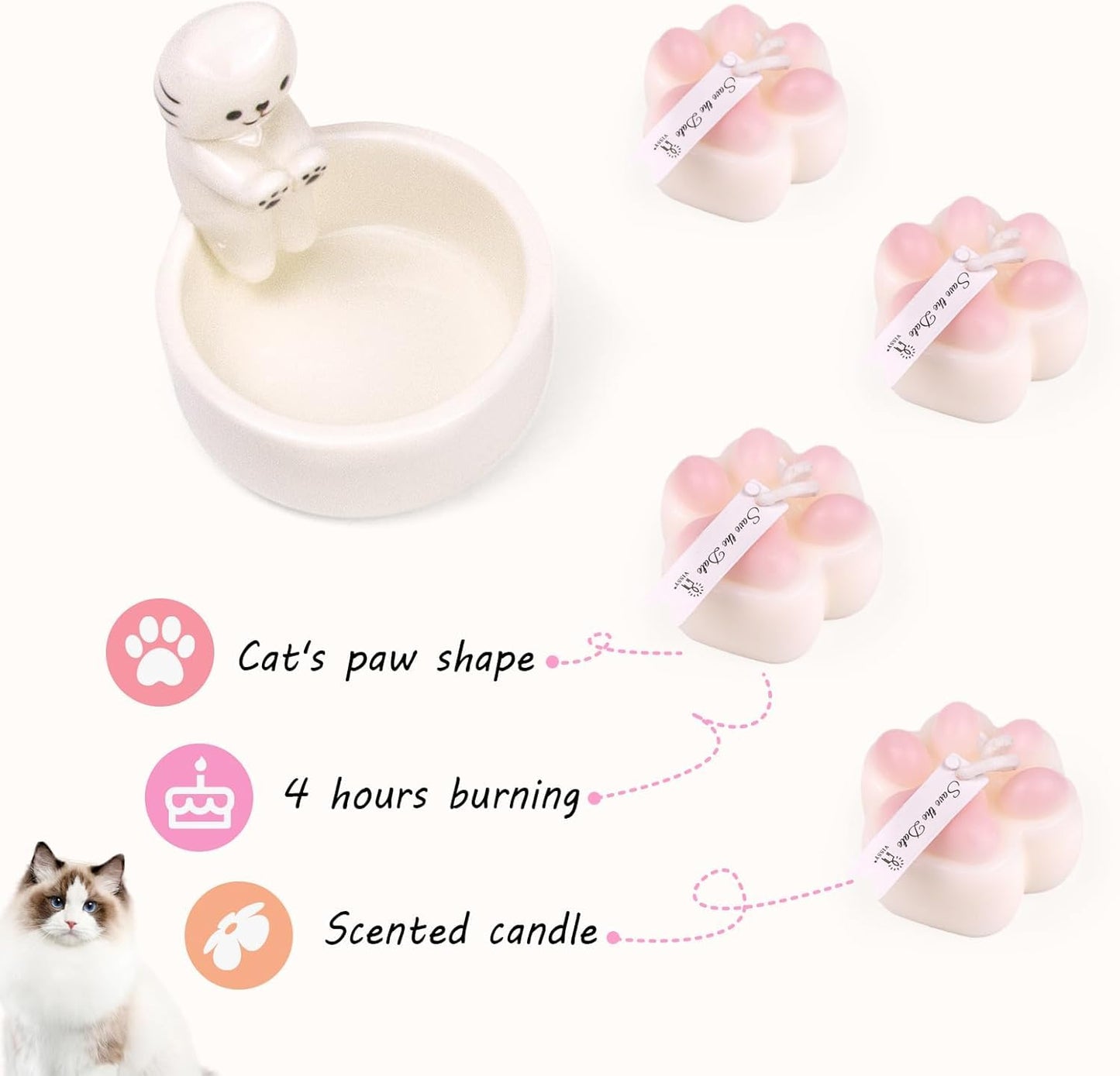 ProNature Kitten Candle Holder with 2 Cat Keychains, Ceramic Cat Mom Gifts, Cute Cat Home Decor Candlestick, Cat Lover Gifts for Women, White（Candle not Included