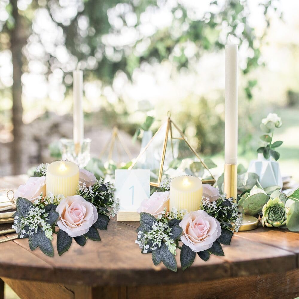 2 Pack Artificial Rose Candle Rings, Christmas Floral Wreaths with Eucalyptus Leaves Greenery Garland for Pillar Candle Lantern Wedding Centerpiece Party Home Fall Table Decor (Pink)
