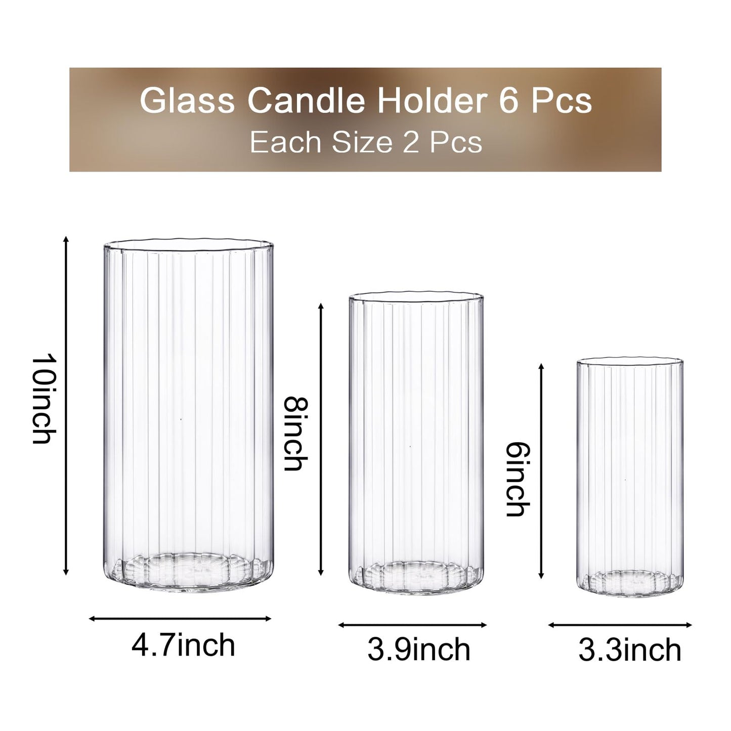 PHOSPHOR 6 PCS Ribbed Glass Candle Holder, Cylinder Candle Holders for Pillar Candles, Clear Glass Hurricane Candle Holders 6'', 8'', 10'' Glass Cylinder Centerpieces Vases