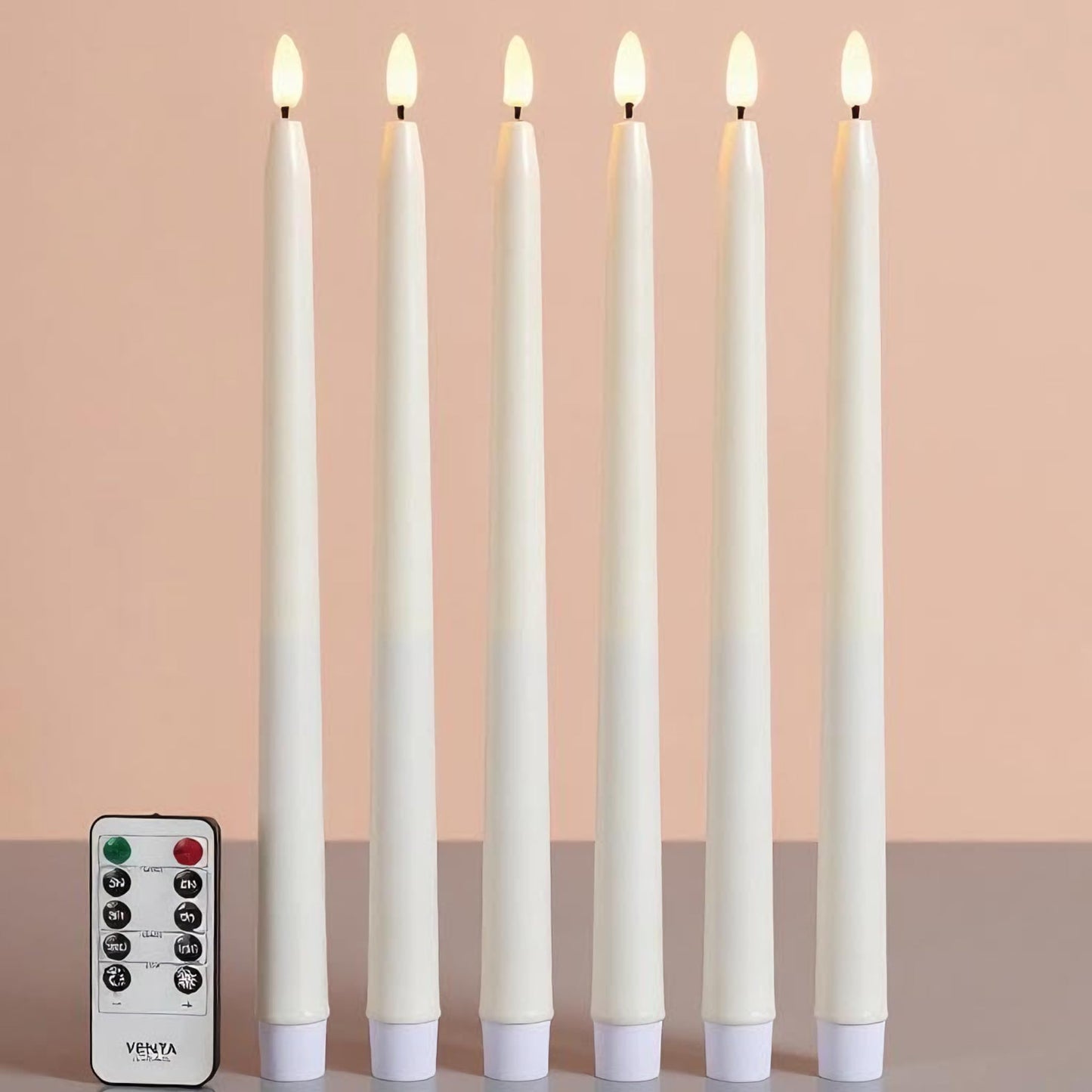 VENTA Set of 6 Flameless Taper Candles with Remote | 14-Inch Ivory LED Candlesticks with Timer | Realistic Flickering Light for Wedding Centerpieces, Dinner Table & Home Decor