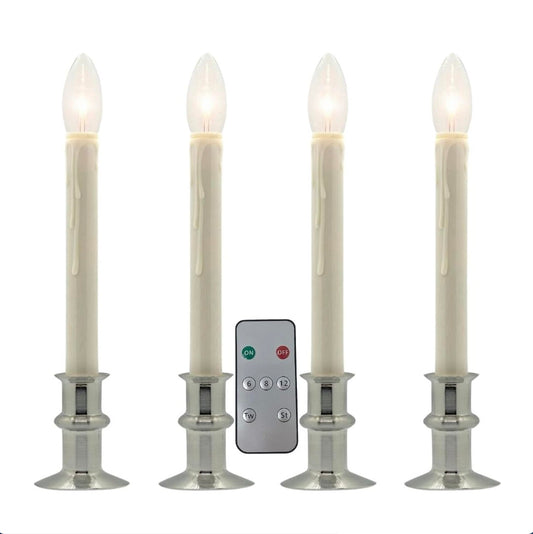 Celestial Lights Set of Four Battery Operated Remote Programmable Window Hugger Candle for Narrow Window Sills Daily Timer Choose 6, 8, or 10 Hours Flicker or Steady (Brushed Nickel)