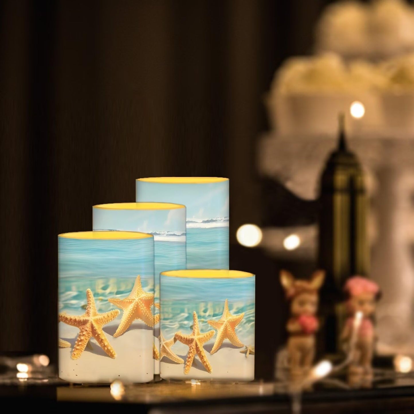Merkmak Blue Beach Starfish Flameless Candles with Remote Battery Operated Candles with Timer 4 Pack Flameless Pillar Tea Lights Bulk for Indoor Outdoor Beach Wedding Coastal Home Decorations
