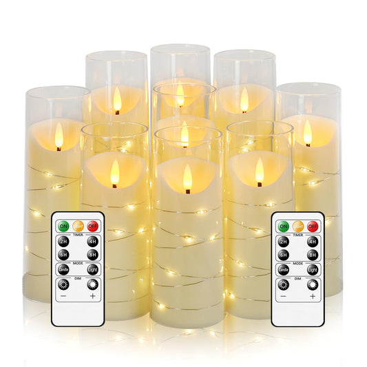 Eebuss Flameless Candles with Embedded Star String, Battery Operated LED Pillar Candles with Timer and Remote Control,Home Decorating for Ambiance， Set of 9 (Ivory)