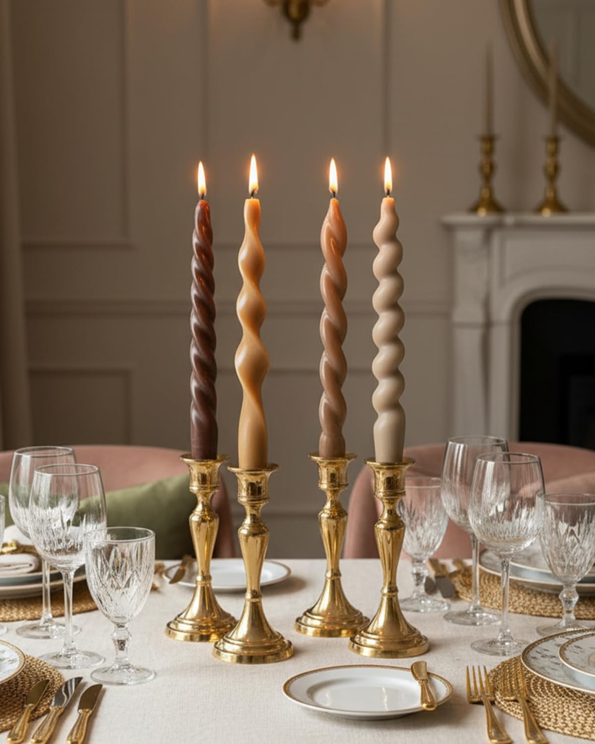 Brown Short Taper Candle Stick Spiral Taper Candle for Wedding Party Fall Decoration Home Dinner Decoration Unscented Candles,7.6inch,4 Pack
