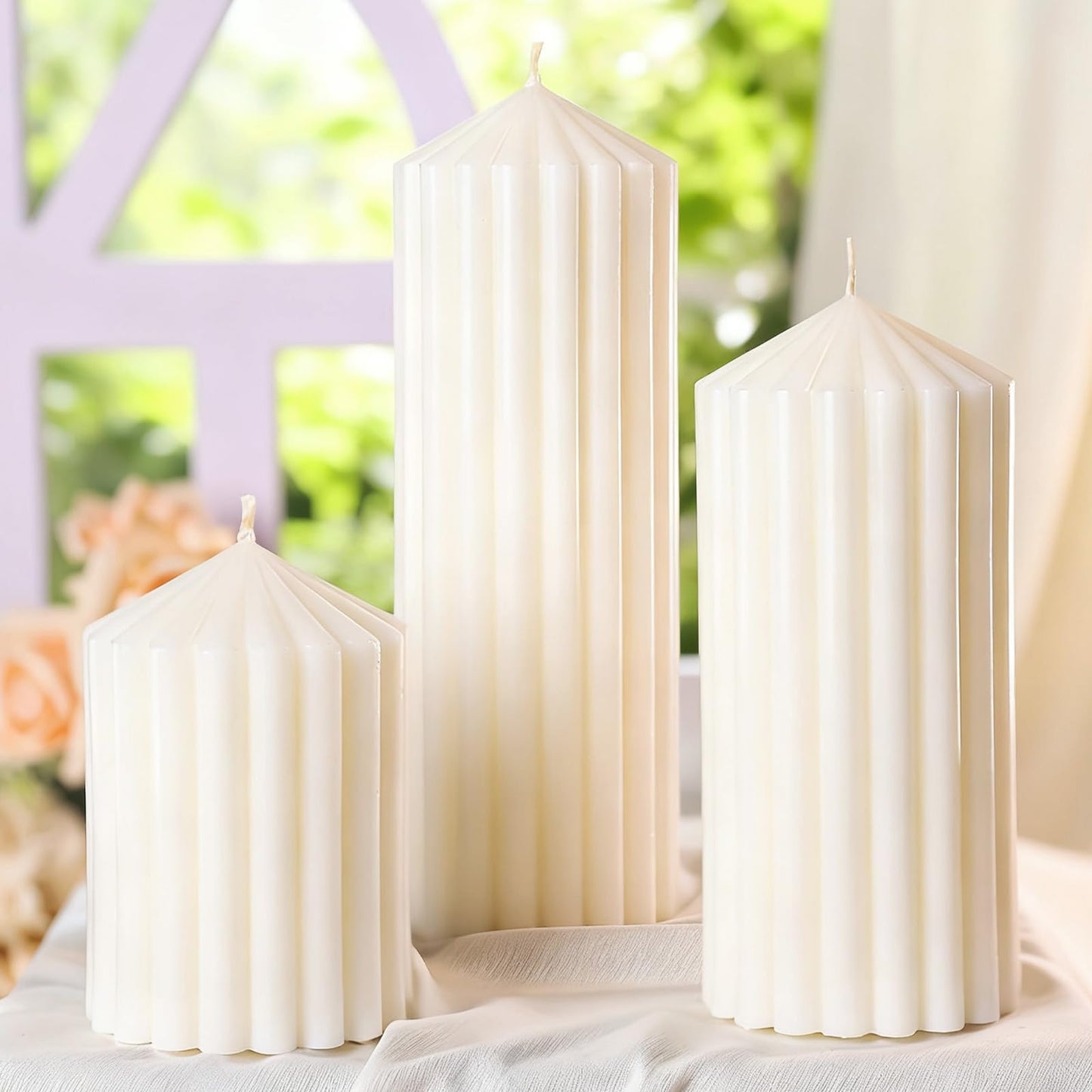 3 Pcs White Ribbed Pillar Candles-Vanilla Cake Scented,Natural Soy Wax,Non Toxic,Smokeless-2.8" x4,6,8in Modern Aesthetic Aromatherapy Candles for Home,Dinner Table,Living Room,Housewarming Gift