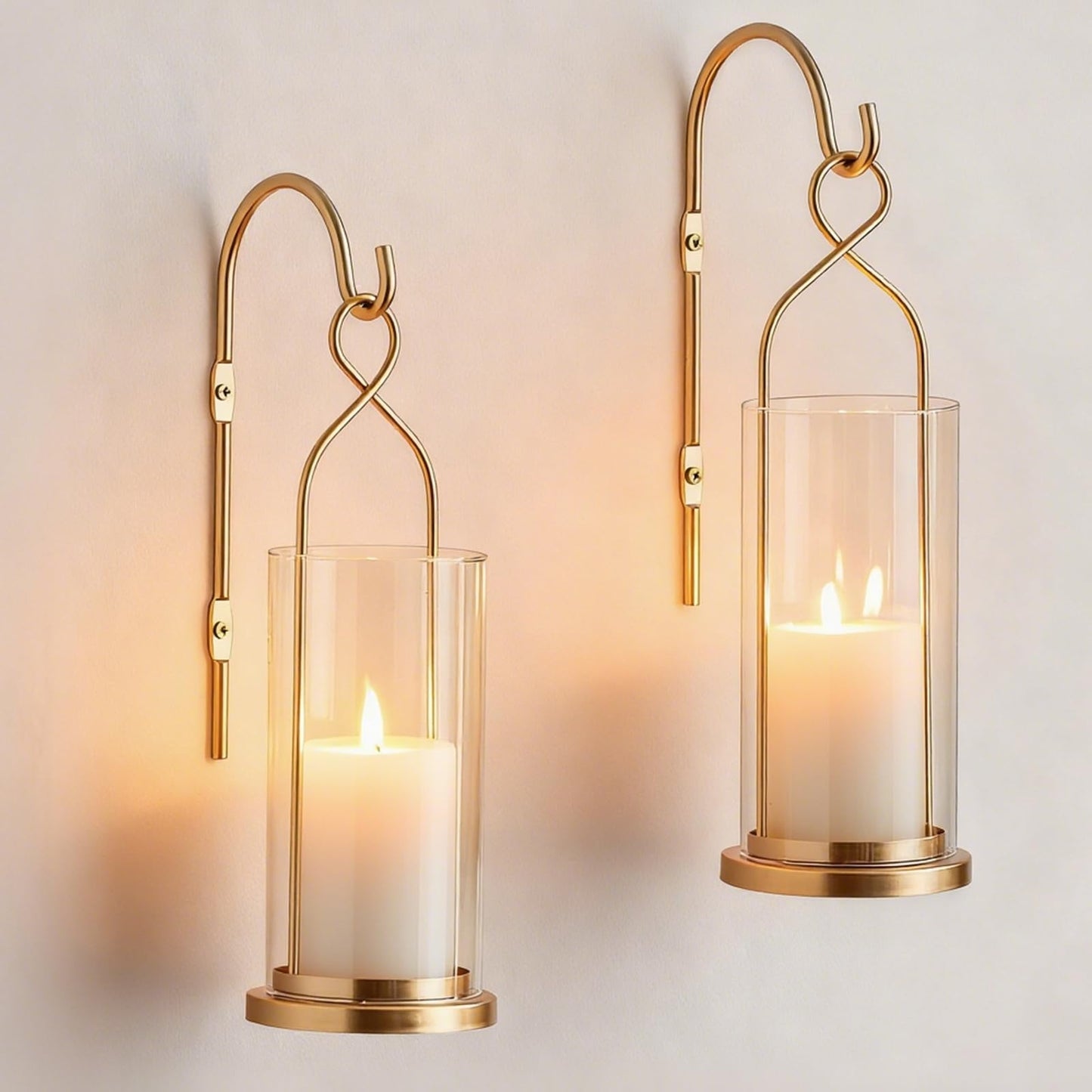 Walasis Gold Candle Sconces Wall Decor: Set of 2 Wall Candle Holder for Pillar Candles - Modern Metal Hurricane Lantern Decoration for Indoor Porch Fireplace Bathroom Living Room
