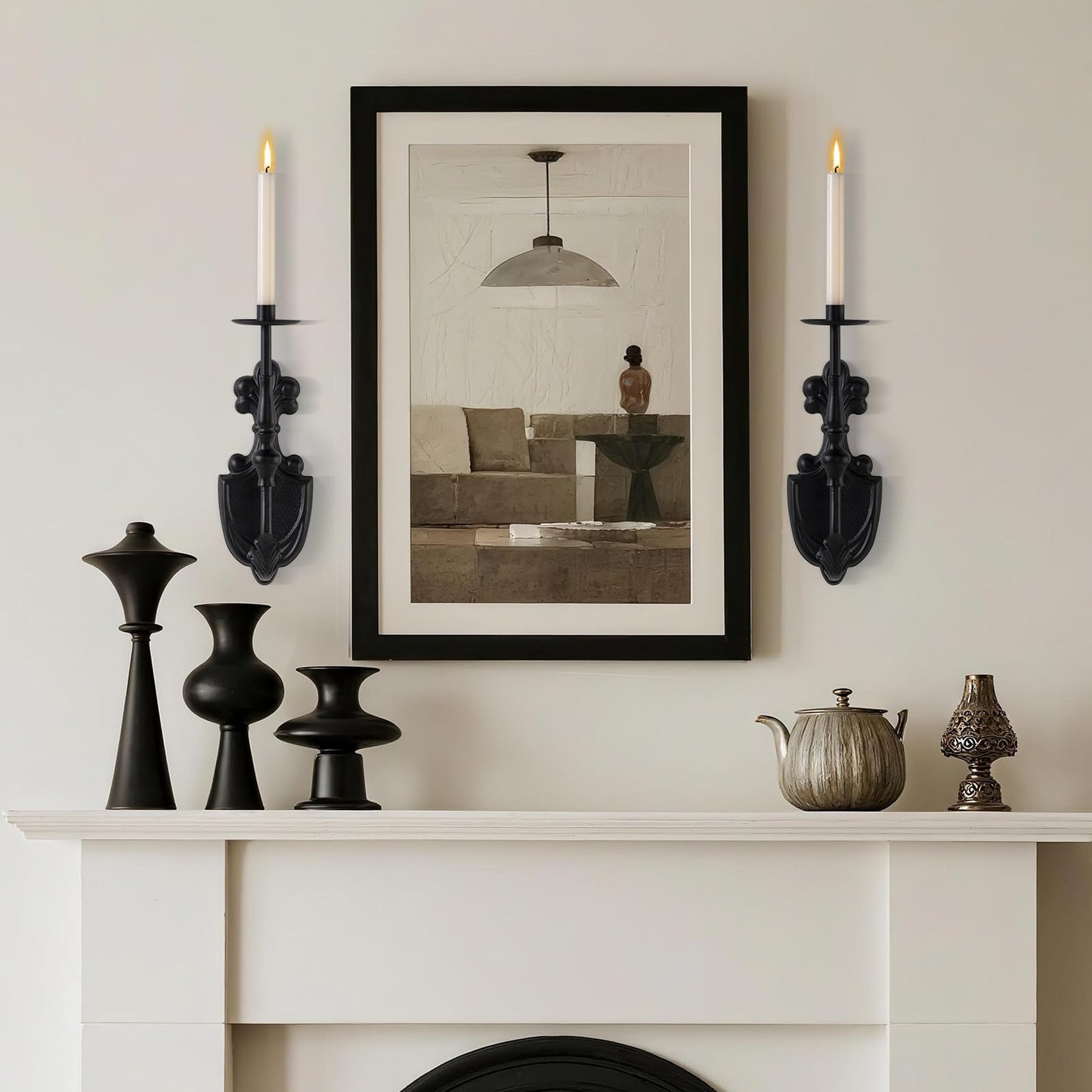 Woparty Gothic Wall Sconce Candle Holder for Taper Candles (Set of 2) Black Victorian Wall Decor for Living Room, Bathroom,Dining Room - 14.1 x 4.7 inch