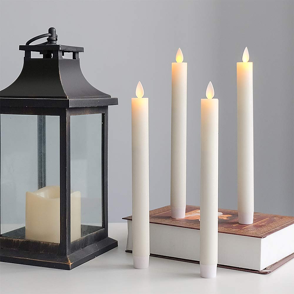 Wondise Flameless Taper Candles Remote with Timer, Battery Operated Real Wax Ivory LED Taper Candles for Christmas Window Decoration, Set of 4(D0.78 x H9.5 Inch)