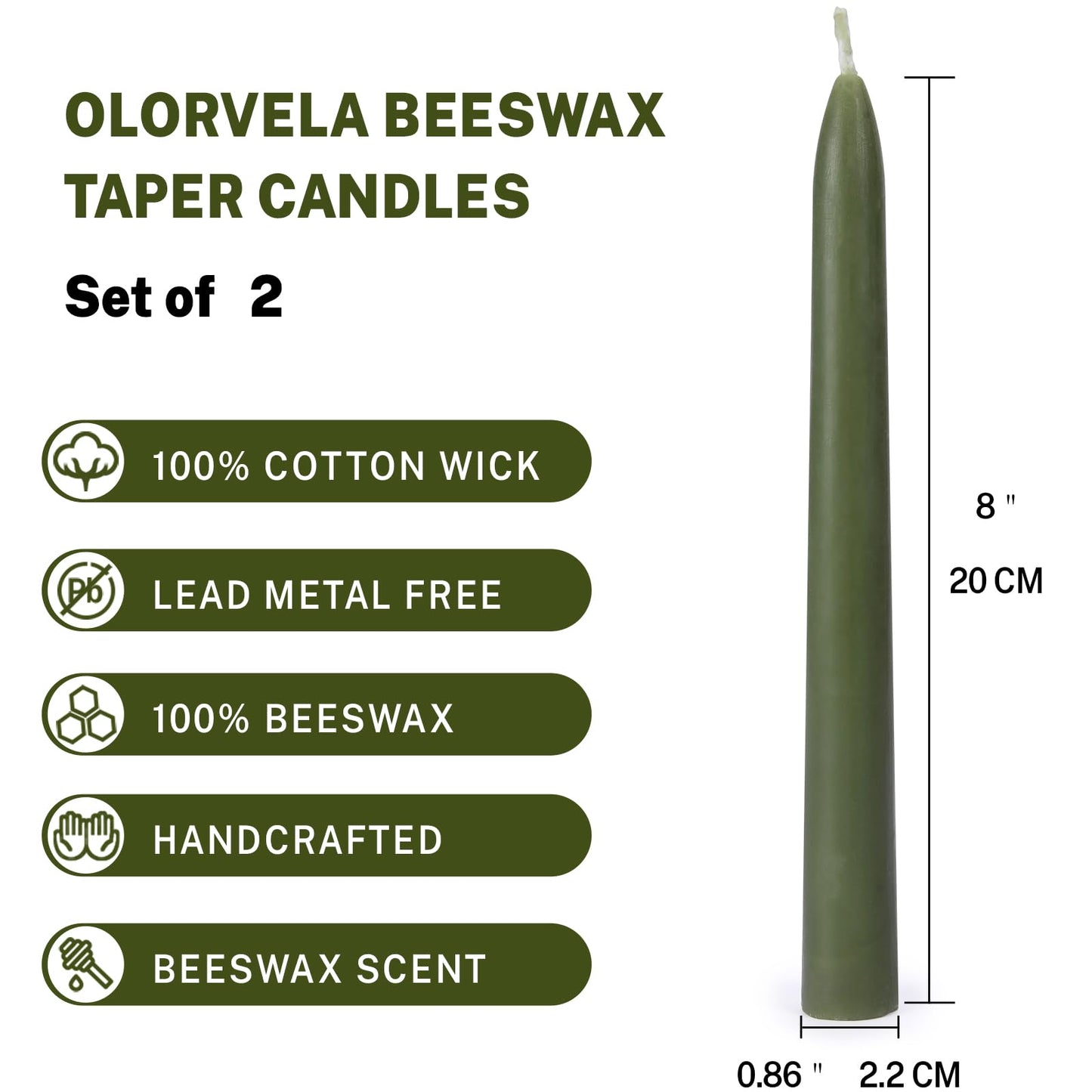 Olorvela Green Beeswax Taper Candles,8" Long Candlestick,smokeless dripless unscented Natural Beeswax Candles.for Gift,Mother's Day (Green, 12 Pack)