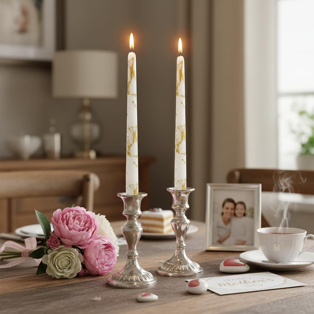 Gold Marble Printed Taper Candles Set of 2, 10 Inch Handmade Tapered Candles, Unscented Floral Candle Stick Style Candlesticks for Wedding Home Decor Gift