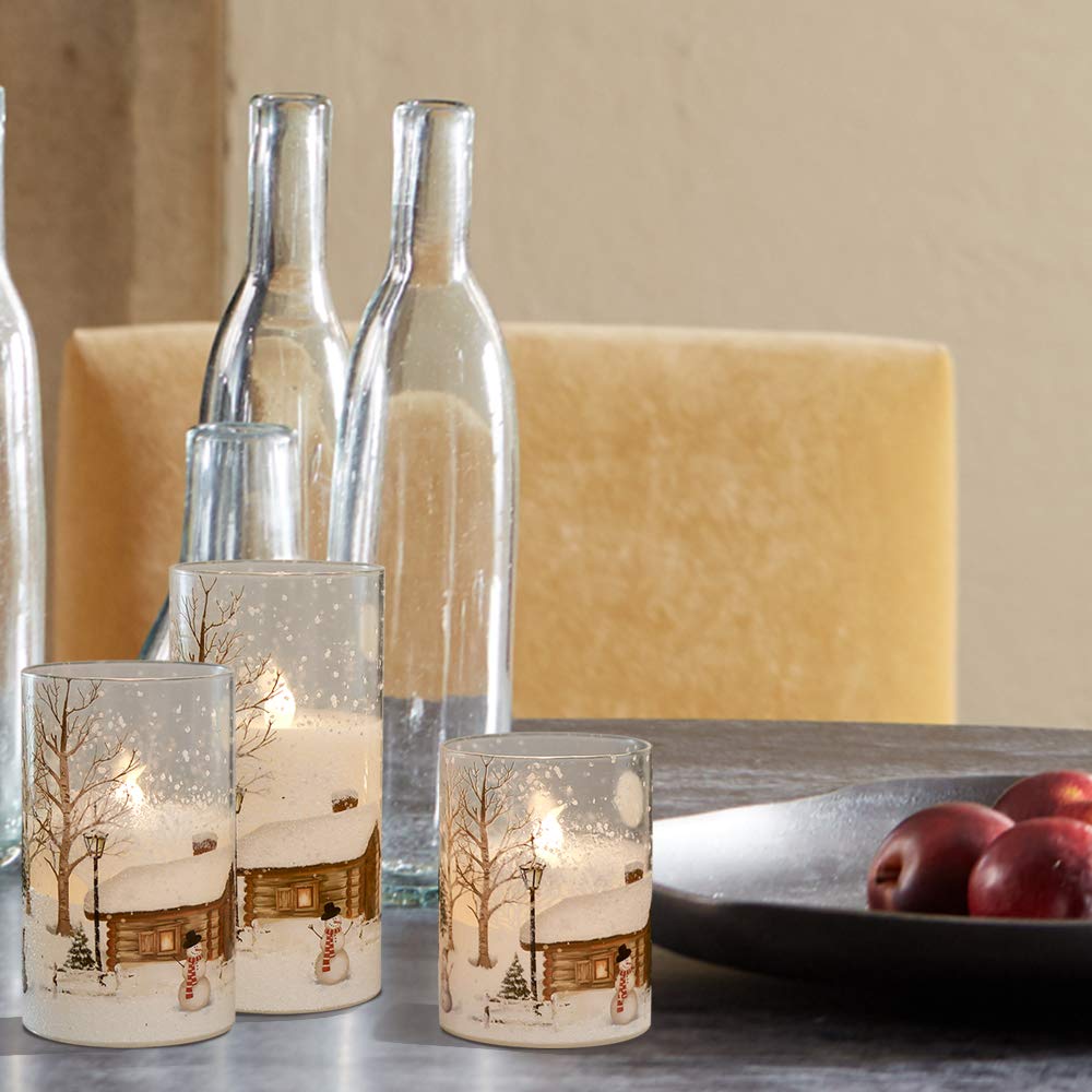 Lasumora Snowman Glass Flameless Candles with Remote Timer, Real Wax LED Pillar Candles Flickering, Battery Operated 3D Wick Candles for Home Décor Christmas Gifts (Pack of 3, D3” x H 4” 5” 6”)