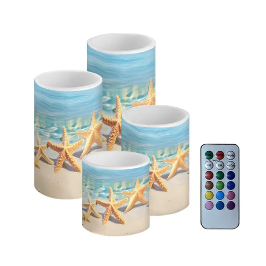NETILGEN Battery Operated Tea Lights Candles with Timer, Flickering Flameless LED Pillar Color Changing Candles with Remote for Beach Coastal Decor Beach Starfish Blue, Set of 4