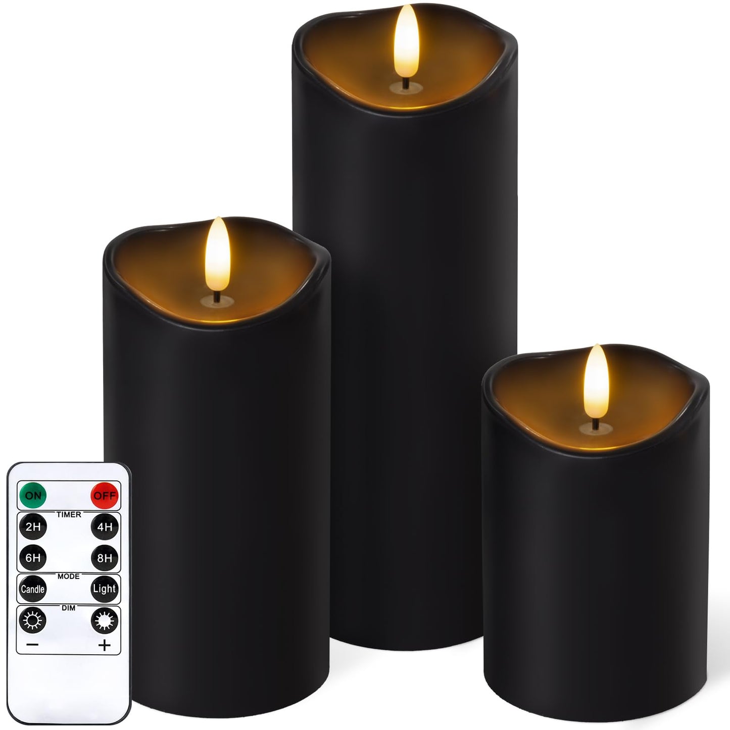 Outdoor Flameless Candles with Remote Timer - Waterproof Realistic Flickering LED Pillar Electric Battery Operated Fake Candle for Home Halloween Christmas Party Decor - 3 Pack Black (D3”H4”6”8”)