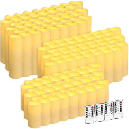 Wfmolcand 144-Pack LED Flameless Flickering Candles with Remote Control and 2/4/6/8 H Timer Led Pillar Candles of Wedding, Table, Halloween,Christmas Decorations and Special Occasions (Three Sizes)