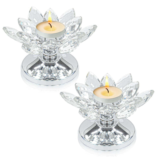 2 PCS Silver Crystal Flower Tea Light Holder, Glass Tealight Candlestick with Metal Base, Votive Candle for Table Centerpiece, Wedding, Parties Decor, Nice Gift