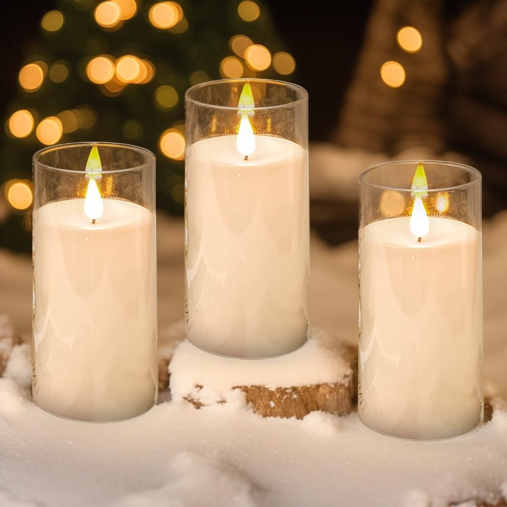 NICEME Flickering Flameless Candles with Remote Control Timer Unbreakable Acrylic Battery Operated LED Candles with Flickering Flame 3D Wick for Romantic Ambience Home Decor Set of 3, D3” xH6”