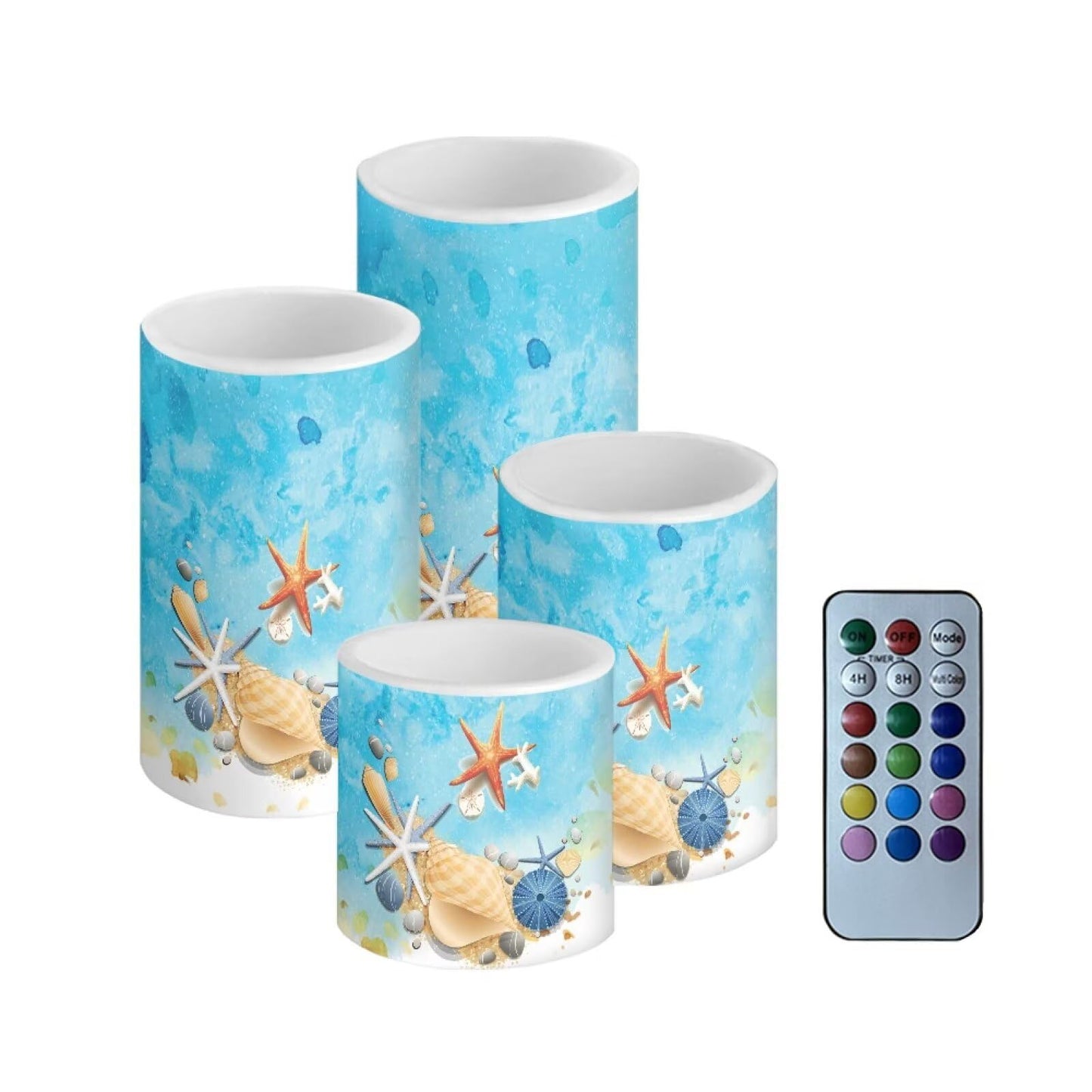 Merkmak Set of 4 Flickering Flameless Candles Battery Operated with Remote and Timers LED Pillar Candles Bulk for Camping, Weddings, Coastal Home Decoration, Starfish Shell