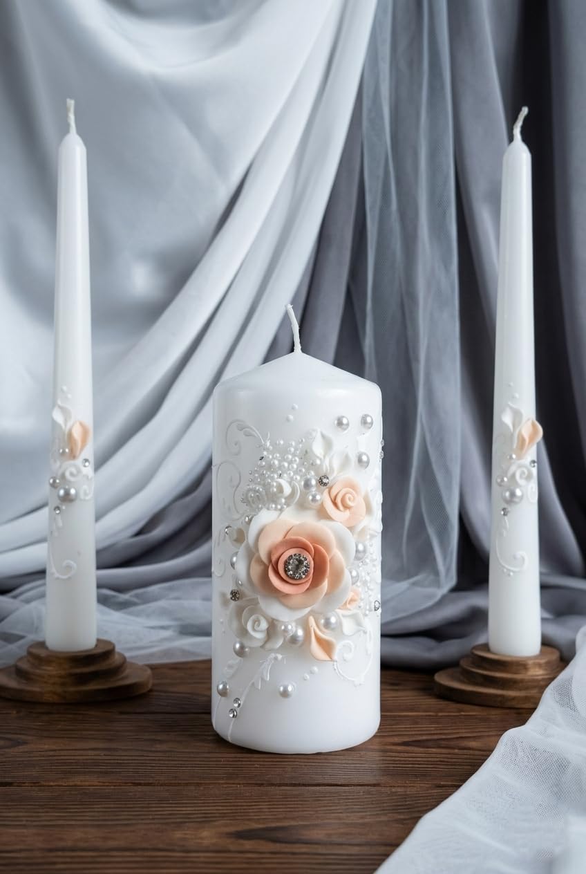 Magik Life Unity Candle Set - Wedding Ceremony & Reception – 6” Pillar & Two 10” Taper Candles – Long Burning Unity Candles for Marriage Ritual – Handmade in USA – White | Rose