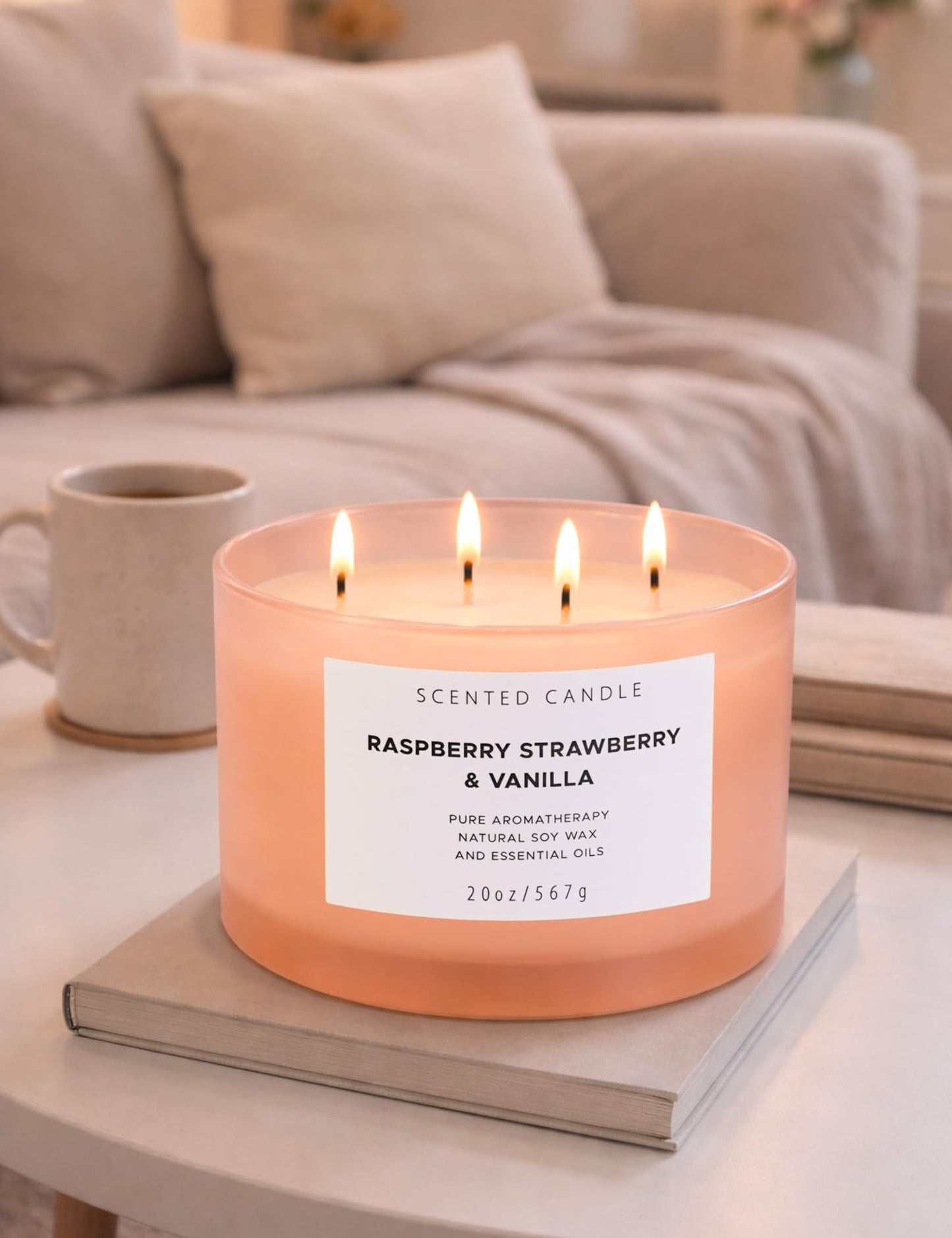 Raspberry Strawberry Vanilla Scented Candle | 4 Wick Extra Large Soy Candle 20 oz | Strong Scented Fruity Aromatherapy Candle for Women | Sweet Berry Vanilla Home Scent | Long Lasting Clean Burn