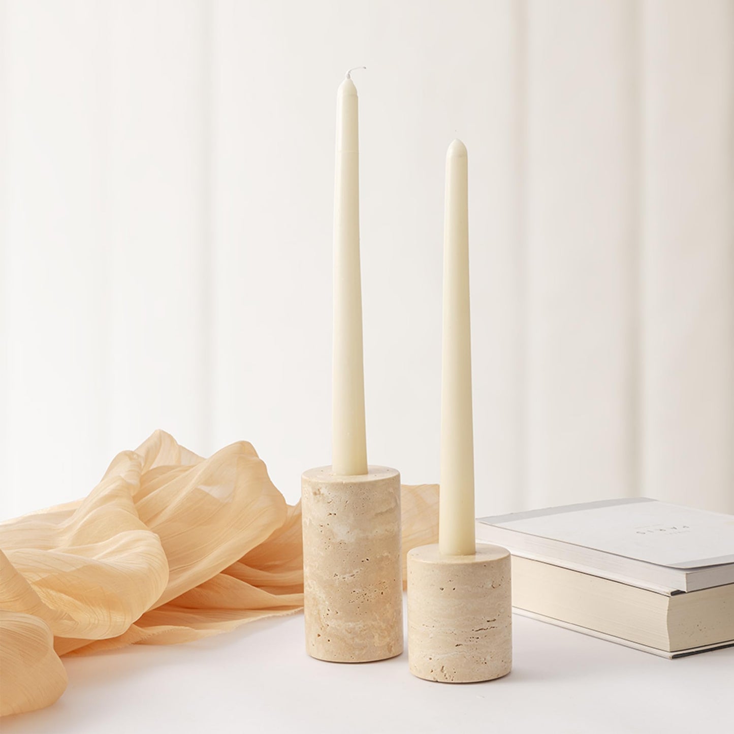 WORHE Candle Holders True Natural Marble Set of 2 Decorative Candlestick Holder for Table Centerpieces Home Dinning Party Wedding Birthday Premium Candles Stand for 3/4 inch Candles Beige (ZT017R)