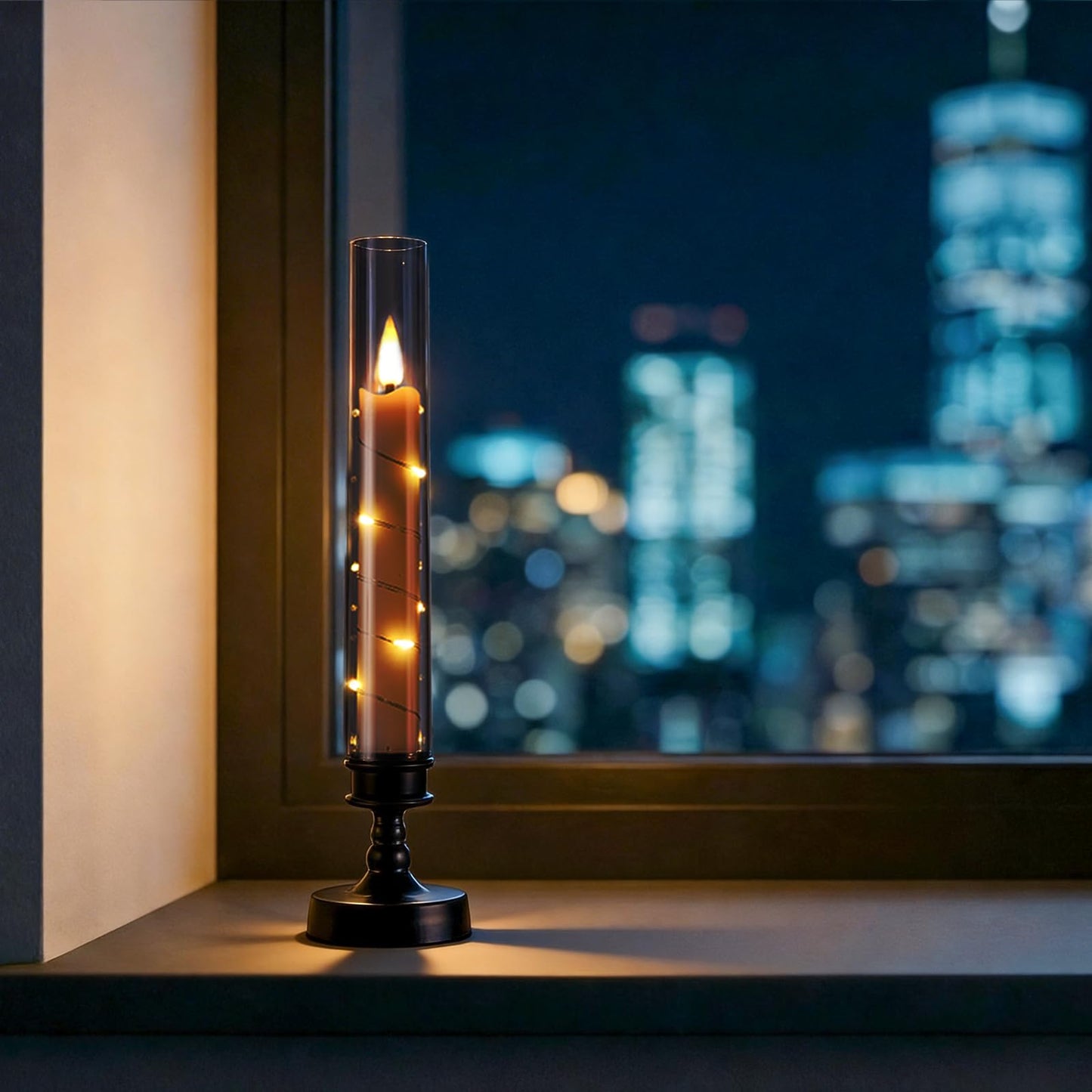 Prerish 6 PCS Flameless Candles with Timer, Flickering Flameless LED Pillar Candles for Romantic Ambiance with Embedded Star String, Acrylic Battery Perated Fake Candles for Home Decoration (Black)