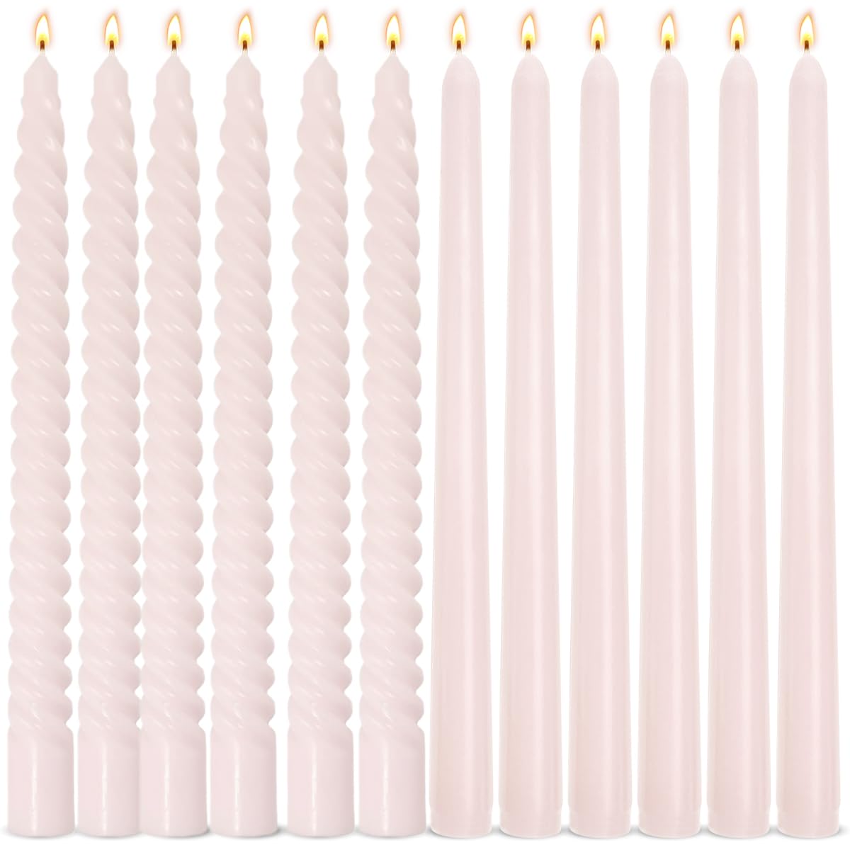 6 Pack Pale-Pink Smooth Taper Candles and 6 Pack Spiral Candles Set – 10 Inch Elegant Dripless Candlesticks for Weddings Dinners Parties and Home Décor