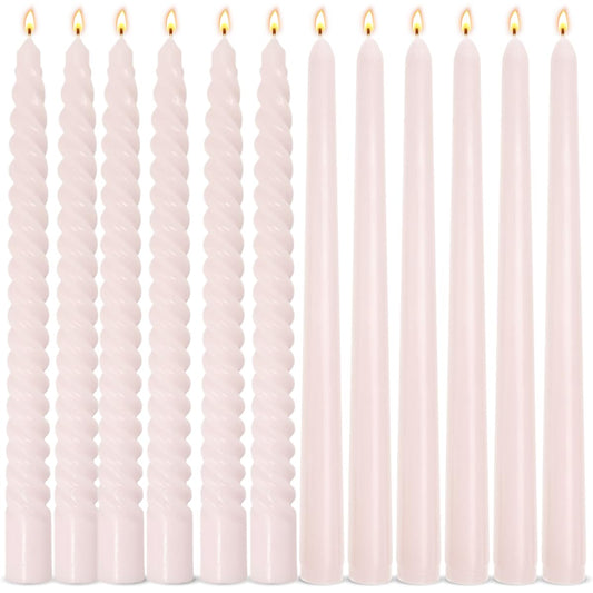 6 Pack Pale-Pink Smooth Taper Candles and 6 Pack Spiral Candles Set – 10 Inch Elegant Dripless Candlesticks for Weddings Dinners Parties and Home Décor
