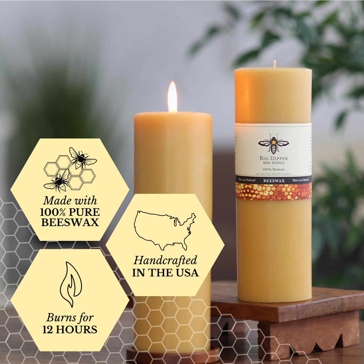 Big Dipper Wax Works 100% Pure Beeswax Pillar Candle, Extra Large 3" x 9", 110 Hour Burn, Handcrafted Honey Aroma, Clean Soot-Free, Eco-Friendly Cotton Wick for Home Décor, Weddings & Meditation