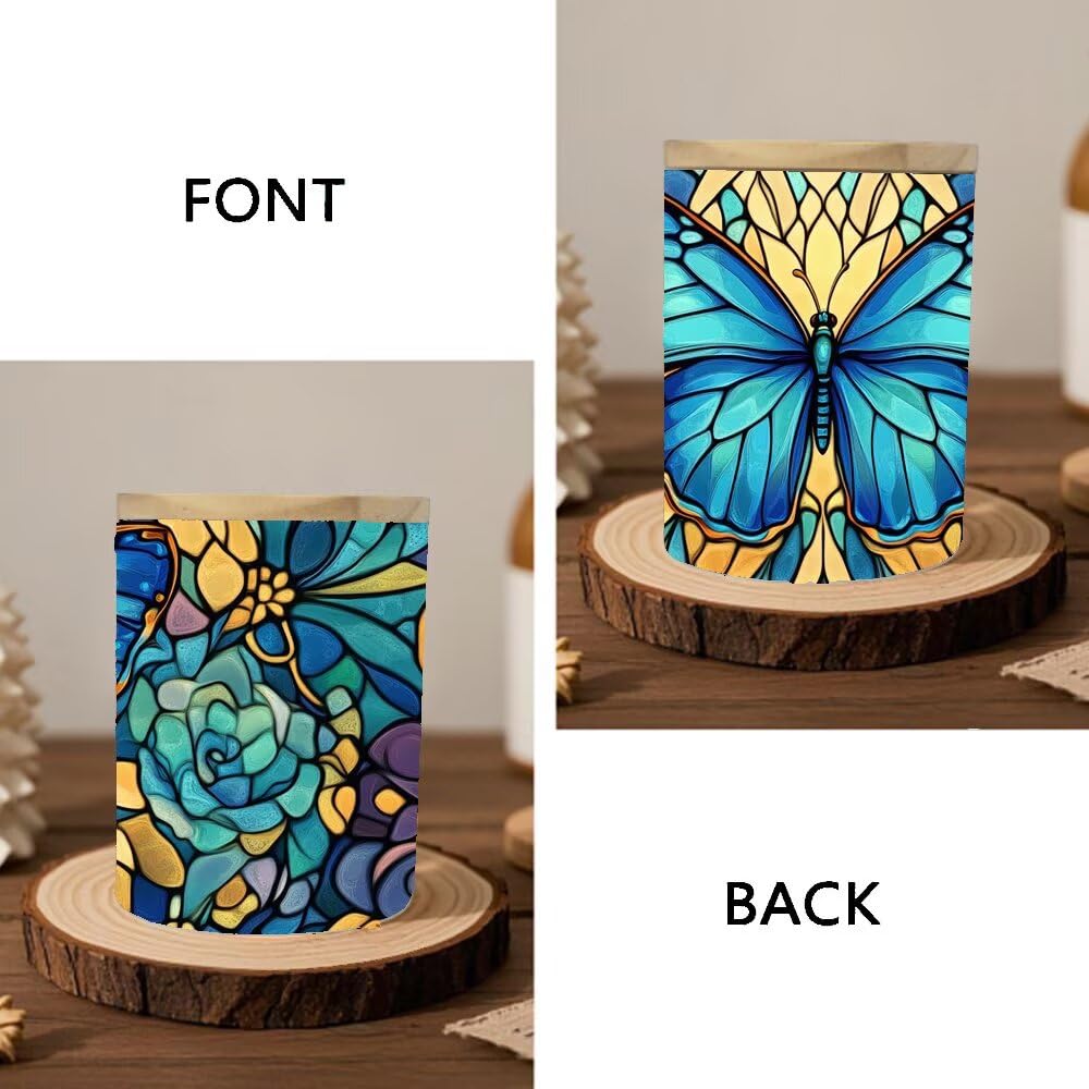 Stained Glass Butterfly Home Decoration Tea Light Candle Jar Candlesticks, LED Tealight Candleholder, Blue Flowers Tealight Candle Holders with Bamboo Lid for Table Centerpiece Party Decor