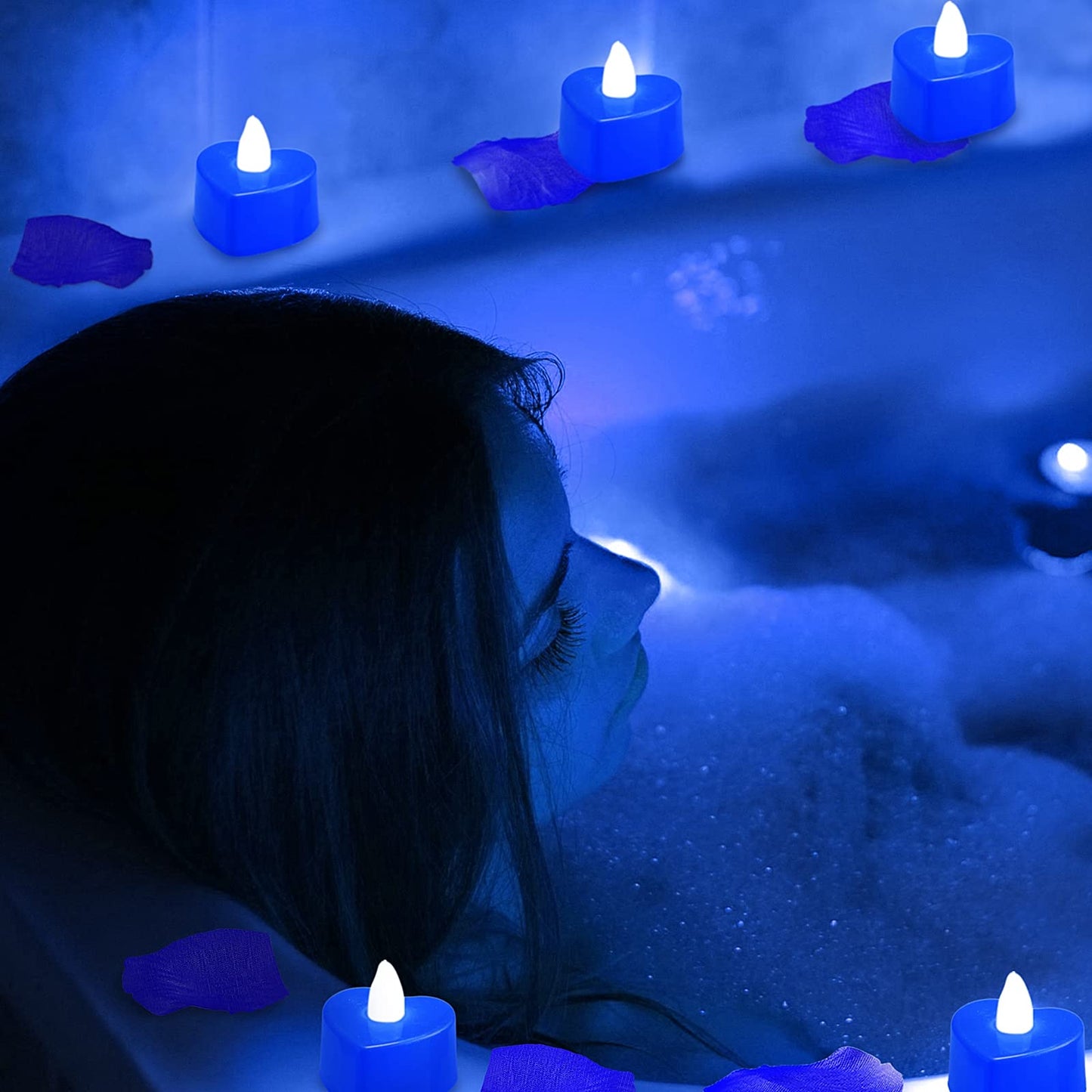 Honoson 1000 Pieces Artificial Rose Petals with 24 Pcs Flameless Heart Shaped LED Tealights Candles Special Romantic Night Decorations for Proposal Wedding Anniversary Table Decor(Blue)