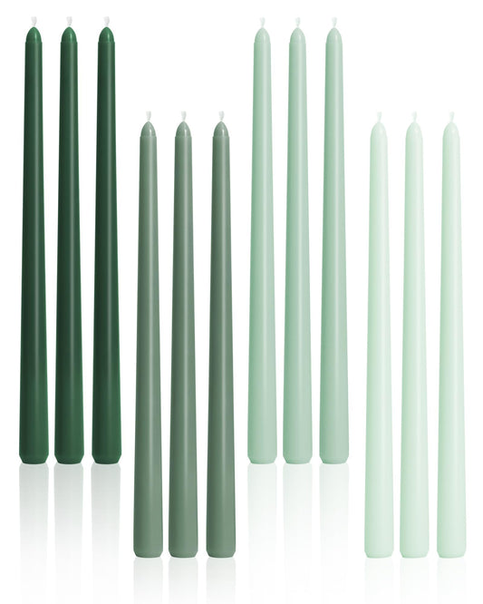 Viyffo Taper Candles, 12 Inch, 12 Pack, Green – Unscented, Smokeless Design, Up to 8-Hour Burn – Tall Candlesticks for Table Decor, Weddings & Dinners