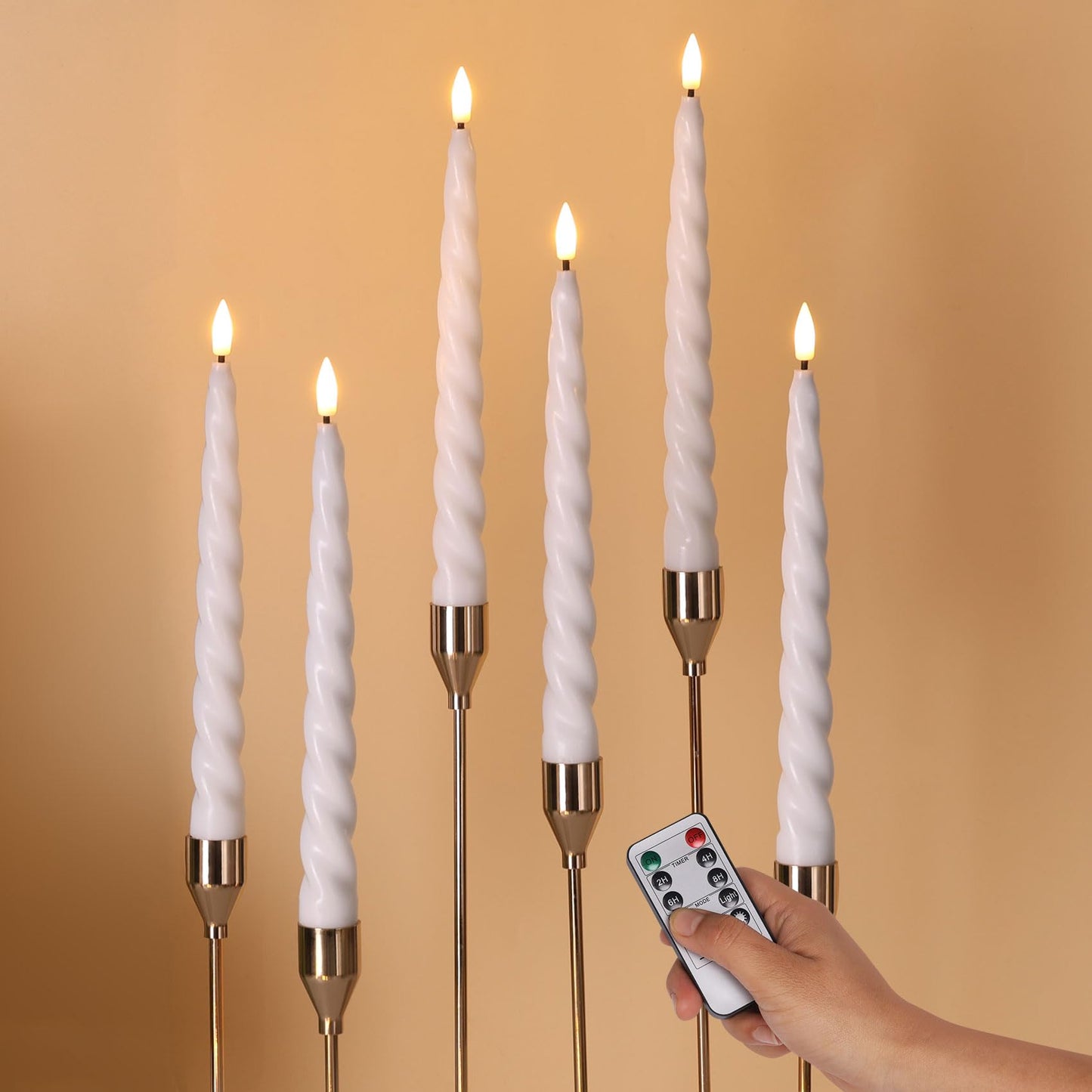 Girimax White Flameless Taper Candles with Remote, Spiral Candles Battery Operated, Flickering LED Wax Candlesticks Set of 6