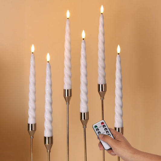 Girimax White Flameless Taper Candles with Remote, Spiral Candles Battery Operated, Flickering LED Wax Candlesticks Set of 6