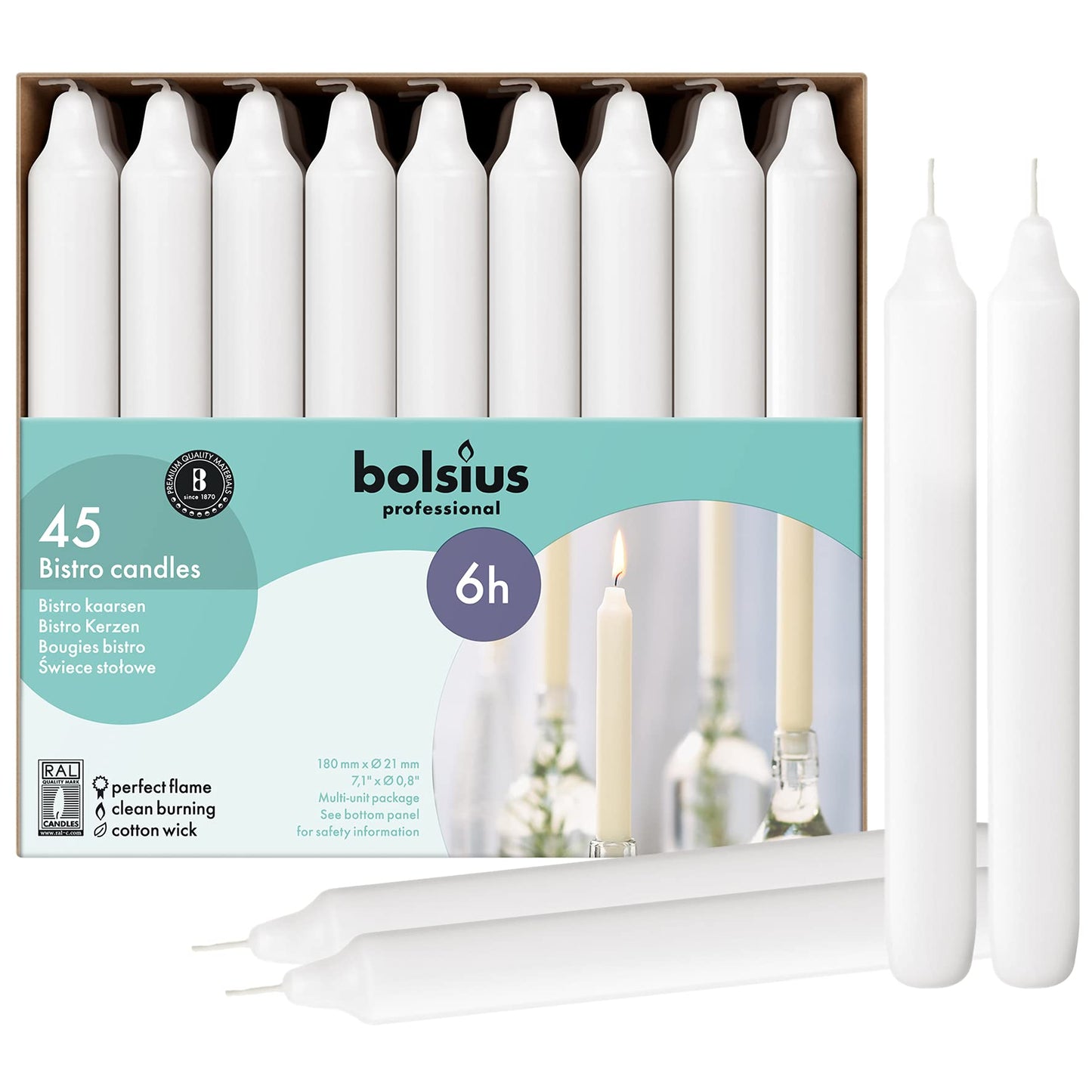 BOLSIUS White Household Candles 7 Inch Dinner Candlesticks - 45 Count Bulk Pack - 6+ Hours Clean Burning - Premium European Quality - Shabbat Candles - No Palm Oil - 0% Animal Fat - Emergency Candle