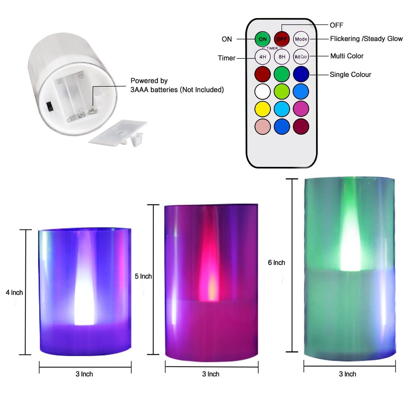 LANKER Flameless Candles with Remote Control and Timer, Battery Operated LED Pillar Candles, Romantic Light, Set of 3 (Multi-Color)