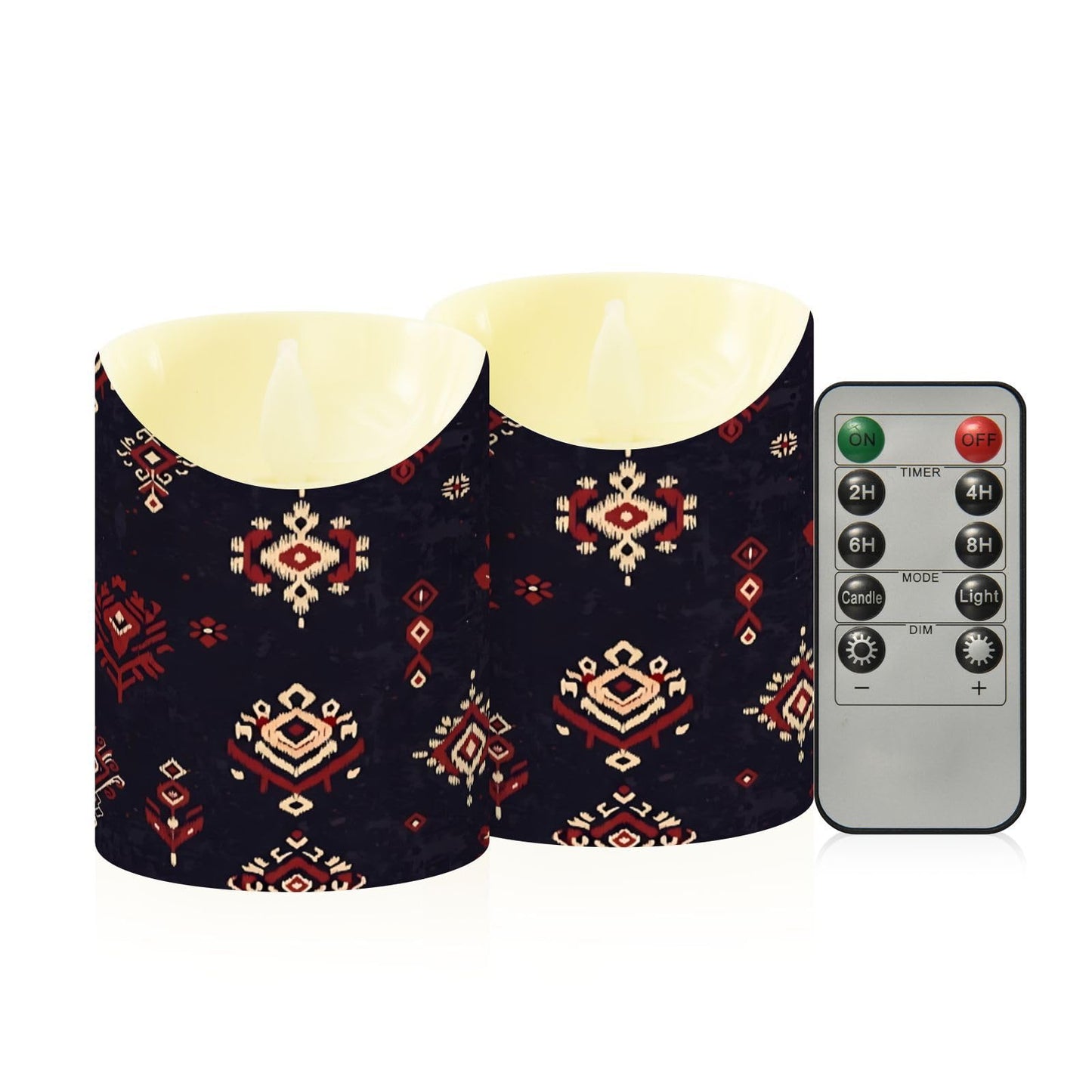 Gravopti Tribal Ikat 2 Pack Flameless LED Pillar Candles with Remote & Timer, Battery Operated, Flickering Wax Candle for Wedding, Romantic Home & Party Decor