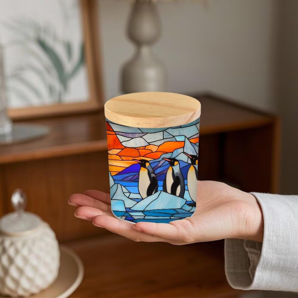 Stained Glass Penguin Tea Light Candle Holders, Arctic Scene Tealight Candle Holder Jar with Wooden Lid, Votive Candlesticks for Table Centerpieces, Christmas,Birthday Party,Home Decor