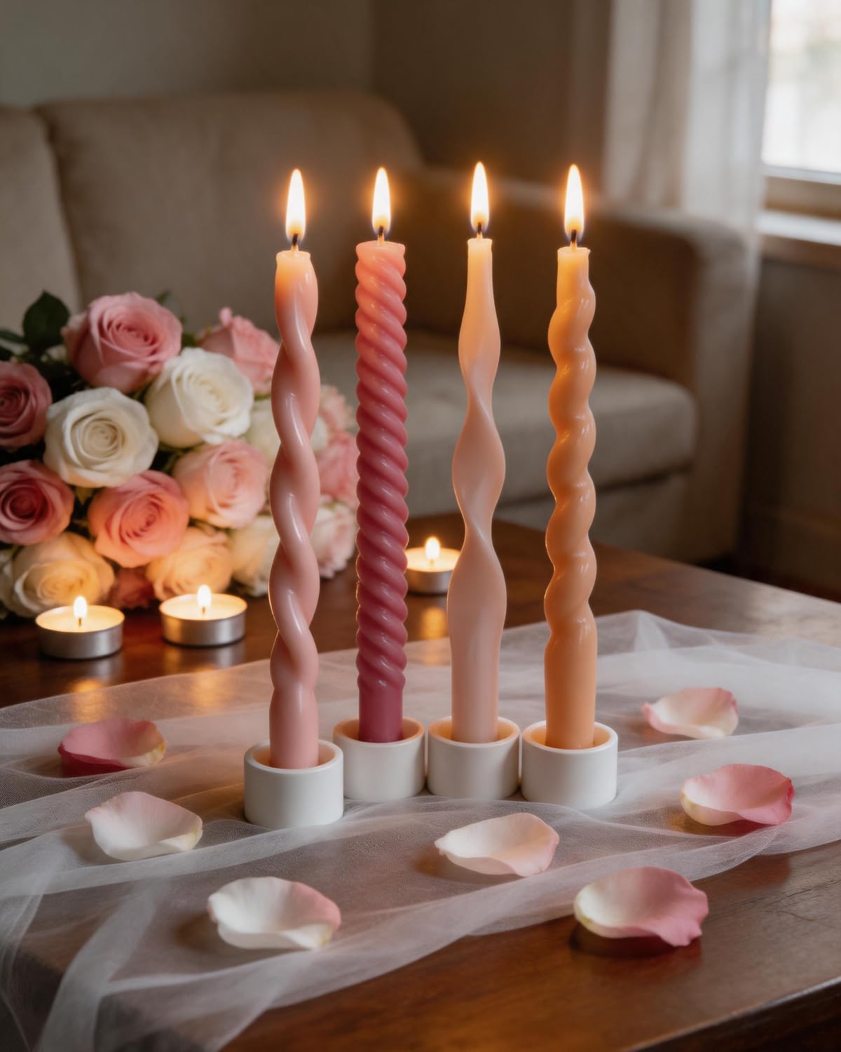 10 Inch Pink Taper Candles-Spiral Tapered Candle Unscented Smokeless Candlestick Long Slow Burning 8 Hours Tall Sticks for Christmas Wedding Dinner Parties-4Pack