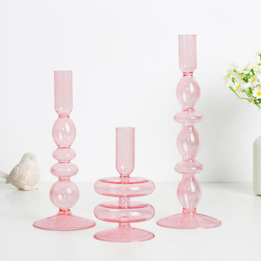Hewory Glass Pink Candlestick Holders: Set of 3 Taper Candle Holders Vintage Candle Stick Candleholder, Colorful Glass Bubble Candleholders for Table Centerpiece, Wedding, Dinner, Party, Home Decor
