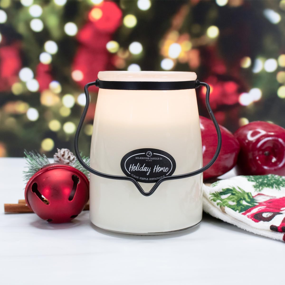 Milkhouse Candle Company Holiday Home Soy Candle - Red Apple | Cinnamon & Clove | Vanilla & Pine Scented - 22 oz Butter Jar with Lid, 120+ Hour Burn Time, Made in the USA