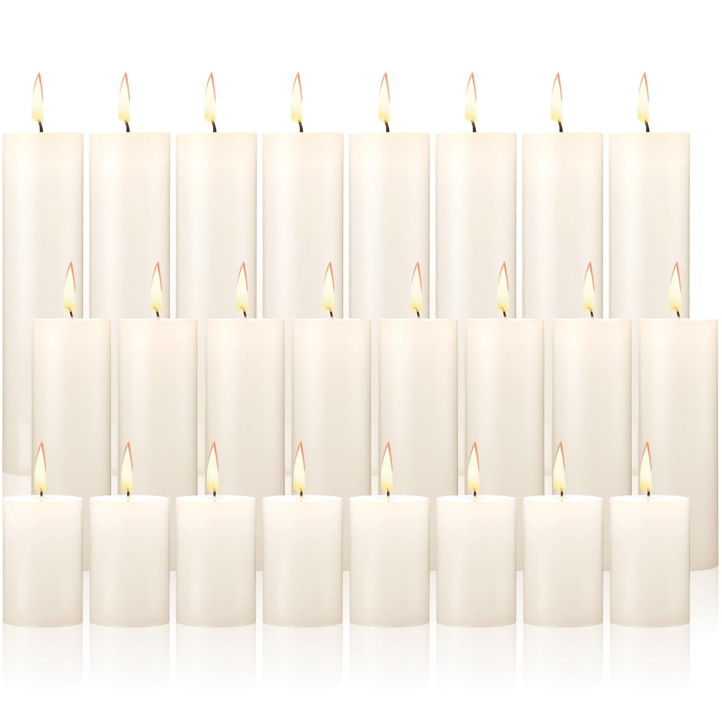 Nuogo 24 Pcs Ivory Pillar Candles Bulk Set of 3 Long Burning Wax Pillar Candles 2 in x 3, 6, 8 Inch Dripless Unscented Smokeless for Wedding Party Spa Lantern Fireplace Home