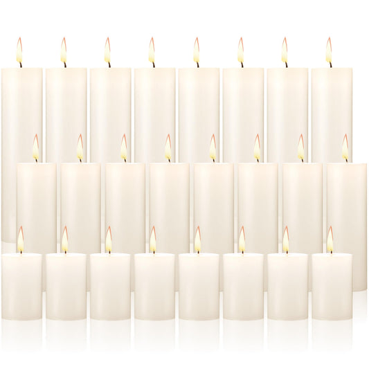 Nuogo 24 Pcs Ivory Pillar Candles Bulk Set of 3 Long Burning Wax Pillar Candles 2 in x 3, 6, 8 Inch Dripless Unscented Smokeless for Wedding Party Spa Lantern Fireplace Home