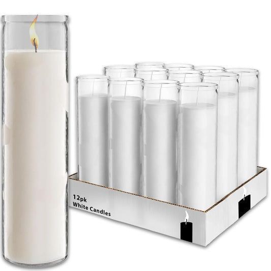 Generic White 8" Prayer Glass Candles - 12 Pack Devotional Candles for Vigils, Prayers, Blessings, Ceremonies | Bulk White Candles in Glass