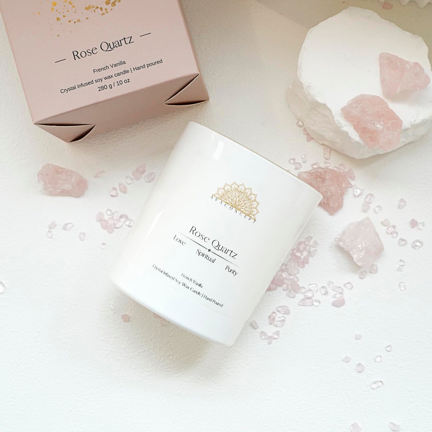 Ava Concept Rose Quartz Crystal Candle – 10oz / 280g | French Vanilla Aromatherapy | Hand-Poured Soy Wax | Genuine Rose Quartz Healing Crystals Embedded | Love, Spiritual & Purity | Gift Box Included