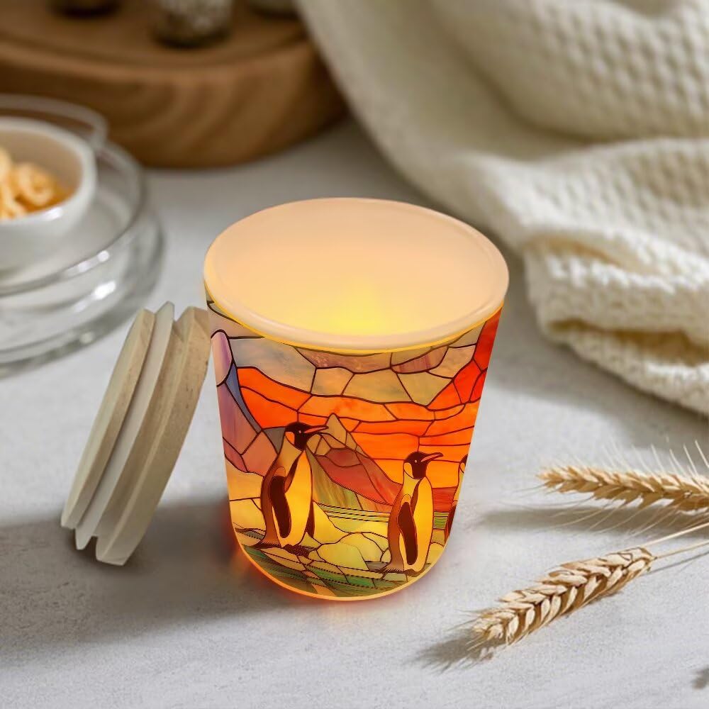 Stained Glass Penguin Tea Light Candle Holders, Arctic Scene Tealight Candle Holder Jar with Wooden Lid, Votive Candlesticks for Table Centerpieces, Christmas,Birthday Party,Home Decor