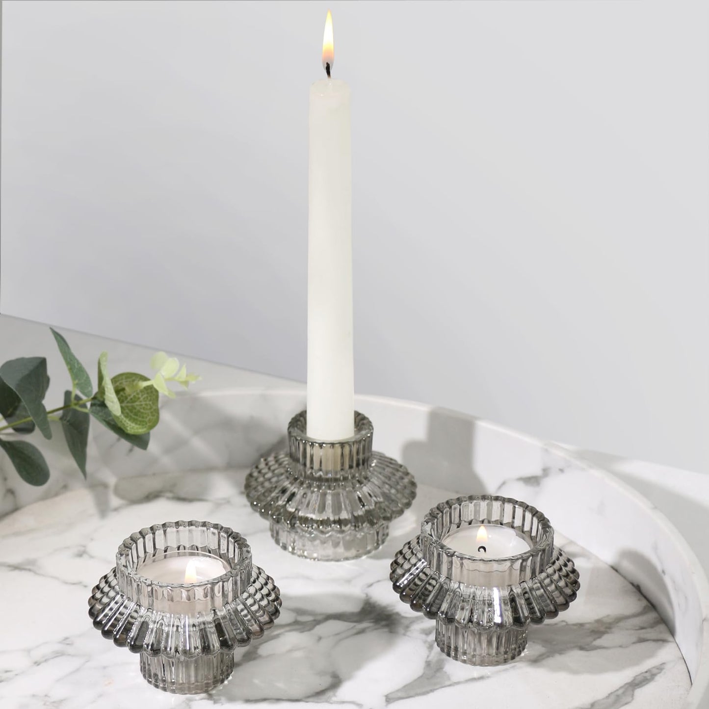 CHOCSTAY Reversible Candlestick Holders Set of 3, Gray Glass Taper and Tealight Candle Holders for Table Centerpiece, Wedding, Party, Home Decor