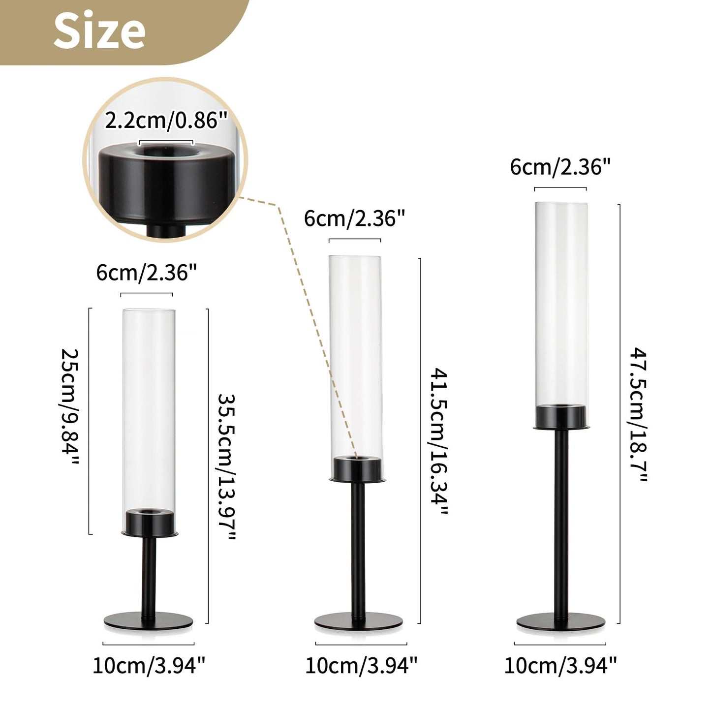 NUPTIO Black Candlestick Holders for Centerpiece: Set of 3 Hurricane Taper Holder with Windproof Glass Cover Long Stem Cylinder Metal Candle Sticks Stands for Halloween Christmas Table Decoration